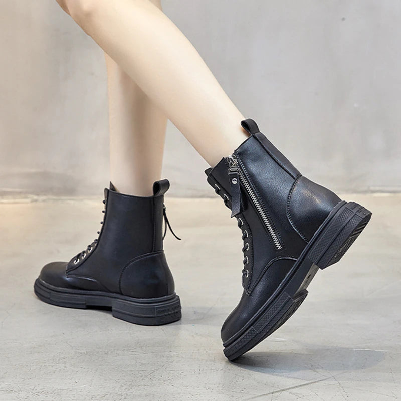 Women's Leather Ankle Boots-Lace-Up