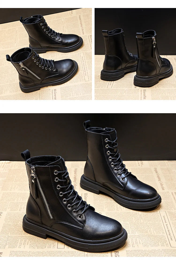 Women's Leather Ankle Boots-Lace-Up