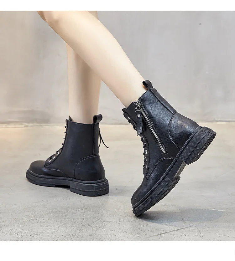 Women's Leather Ankle Boots-Lace-Up