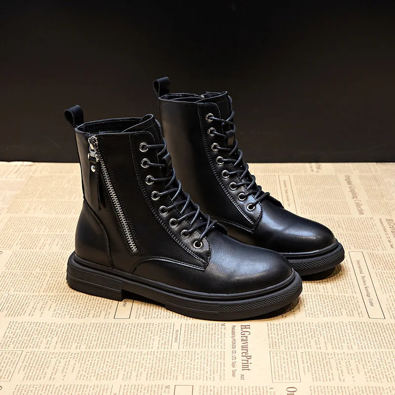 Women's Leather Ankle Boots-Lace-Up