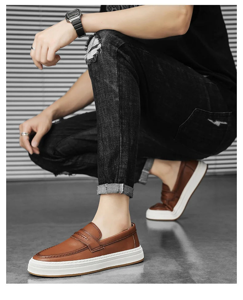 Men's Genuine Leather casual Loafers-Comfortable Slip-On Dress Shoes