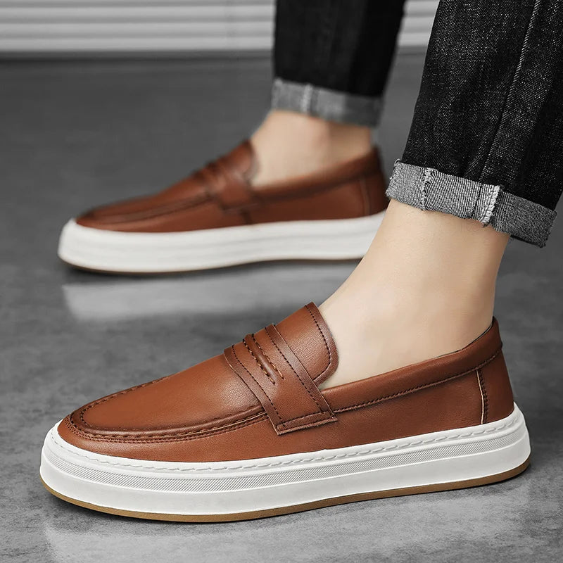Men's Genuine Leather casual Loafers-Comfortable Slip-On Dress Shoes